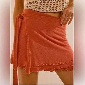 Free People Beach Rhodes Terra Cotta Linen Knit Wrap Mini Skirt Size L NWT